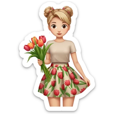 A girl with a messy bun, and a floral print skirt, holding a bunch of tulips. sticker