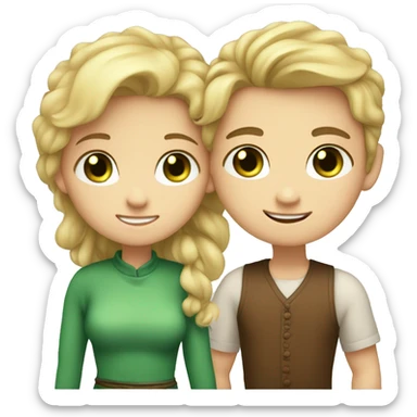 A boy with blond hair and blue eyes and a girl with brown hair up to the waist and green and hugging eyes sticker
