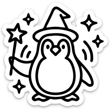 stylized penguin wizard icon with a star-tipped wand and mystical aura sticker