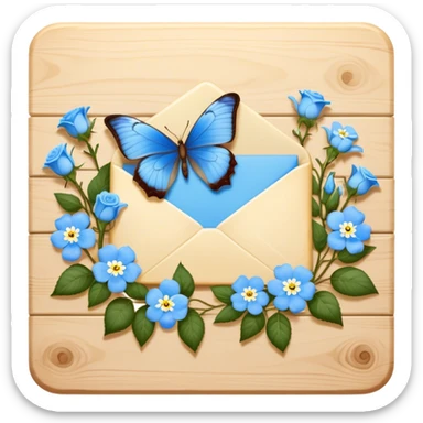 An intimate vignette of a golden wax-sealed letter placed on a vintage wooden desk, with a pair of blue butterflies hovering around a bouquet of soft ivory roses and baby blue forget-me-nots. sticker