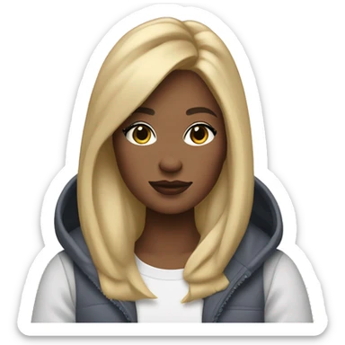 IT-girl with blond hair working at the MacBook, wearing AirPods Max sticker