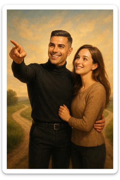 a couple stands at a crossroads, the man pointing confidently toward a direction while the woman looks at him with trust and optimism. Both are illuminated by soft, uplifting light, representing faith in each other’s strengths and the positive outcomes of working together. sticker