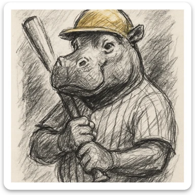 hippo holding a baseball bat, wearing a yellow helmet, pinstripes outfit sticker