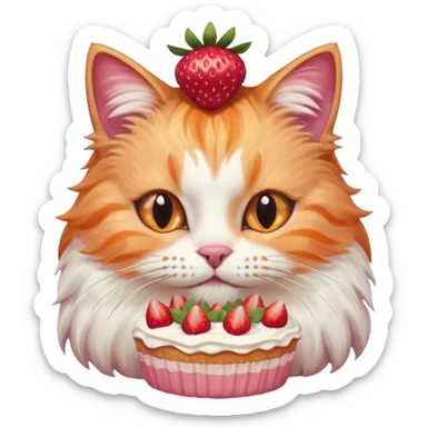 Close-up portrait of a fluffy cat eating a strawberry cake, pink cream on its nose and whiskers, detailed fur texture, soft natural light, shallow depth of field, high resolution, cute and candid moment
, sticker