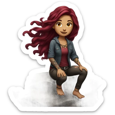 Beautiful tattooed woman long burgundy hair climbing rocks sticker