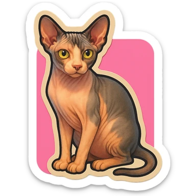 Canadian Sphynx cat with coloring as in the photo, sticker style, with a pink background sticker
