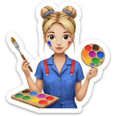 beautiful girl with a bun on her head in a jumpsuit with paint stains, holding a palette and a brush in her hands sticker