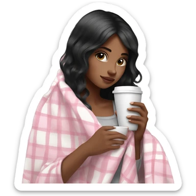 Pretty black hair girl wrapped in pastel pink plaid blanket drinking coffee sticker