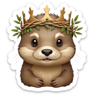 cute confused otter face with natural twisted thorny bramble branches wrapped around head, wooden Crown of thorns sticker