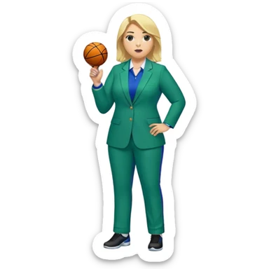 Full Body white plus size female basketball head coach with whistle  blonde hair past the shoulder length in a blue and green suit sticker