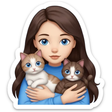 a pretty girl with long dark brown hair, with blue eyes, hugs 3 different natural coloured small cats sticker