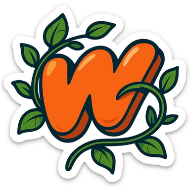 plump juicy Wattpad logo 'w' with bold outline, stylized shadows and highlights, decorated with a leafy vine wrapping around the logo, no background sticker
