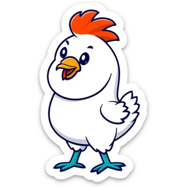 A goofy tropical rooster with teal blue feathers, big bulging eyes, tall red comb, skinny legs, comical expression sticker