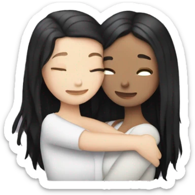 A lesbian couple who both have white skin and long black hair are hugging intimately. sticker