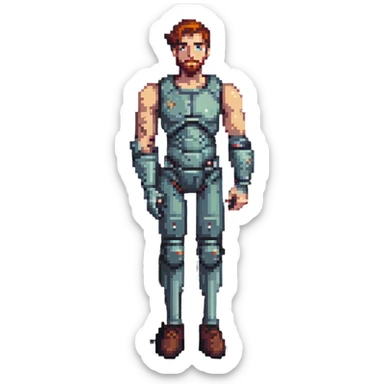 man with a prosthetic arm, confident pose, pixel art style sticker