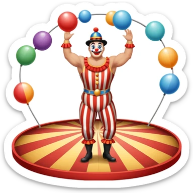 Icon for Circus Arts: a vibrant round circus arena with a strongman in a striped costume, a juggler performing and a clown entertaining the crowd. The icon should capture the energy and excitement of a circus performance. Transparent background. sticker