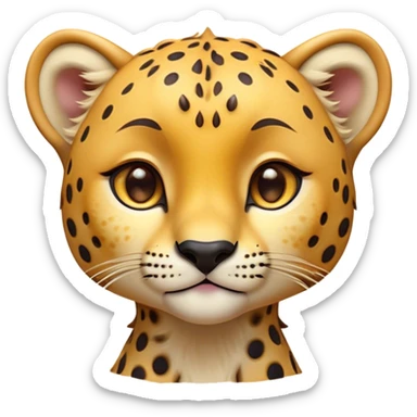 Cinematic Cute Cheetah Portrait Emoji, Head tilted playfully and inquisitively, featuring a glossy, golden spotted Fur with a natural sheen, round, sparkling amber eyes filled with curious mischief, Simplified yet irresistibly adorable features, highly detailed, glowing with a warm, friendly glow, high shine, affectionate and agile, stylized with a touch of savannah whimsy, bright and endearing, soft glowing outline, capturing the essence of a mischievous yet loving cheetah, so playful it feels like it could dash out of the screen and into your arms! sticker