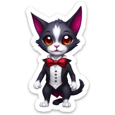 Cute-Evil-Vampiric-Batty-Cat-Black-Purple-Red-White-Contrast-Colors-Fantasy-Fur-Sona-Chibi-Shiny-Fakémon-Hybrid with horns and big fangs neck bow white tie leg spats full body sticker