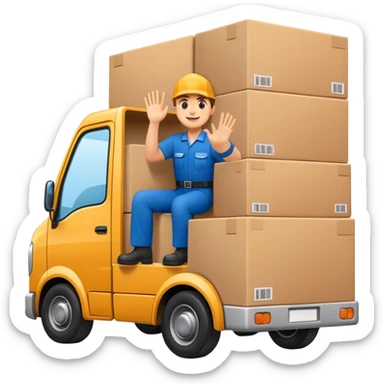 truck with a supplier in work uniform sitting inside, waving hi, cargo area overflowing with many boxes sticker
