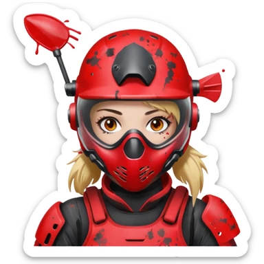 girl playing paintball with red paintball gear and only face sticker