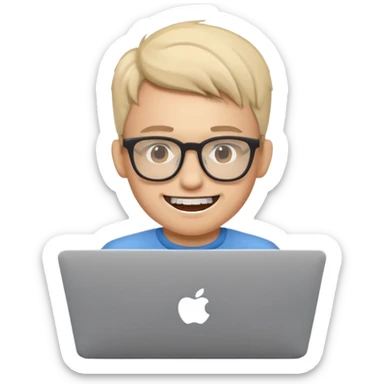 geeky software engineer with glasses and protruding teeth, typing on a laptop, simple, clear emoji style sticker