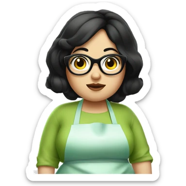 chubby lady with black hair and big eyes green apron  with glasses cooking  sticker
