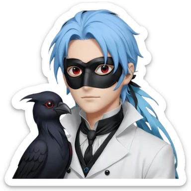 Handsome sexy adult anime man with light-blue hair and a black bird beak mask that covers whole face, black face mask, black mouth mask, black feathers draped over shoulder, wearing a white lab coat, long thin hair tendrils on the sides, with a mechanical raven sidekick, blue cravat, red eyes sticker