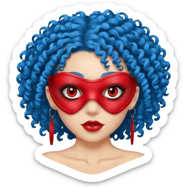 blue curly haired girl with huge earrings, wearing red paintball eye mask, sticker