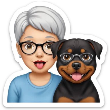 Pitt bull rottweiler white muzzle with black spots tongue out next to older woman with short silver hair sticker
