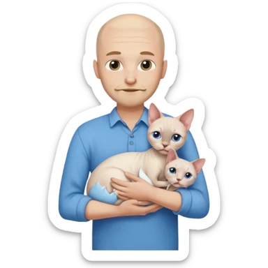 A couple a man and a woman. The man  is bald with a tiny beard and wearing a blue shirt, is holding a Siamese cat in his arms. The woman, who has light hair and is wearing a white dress, is holding a white Sphynx cat in her arms sticker