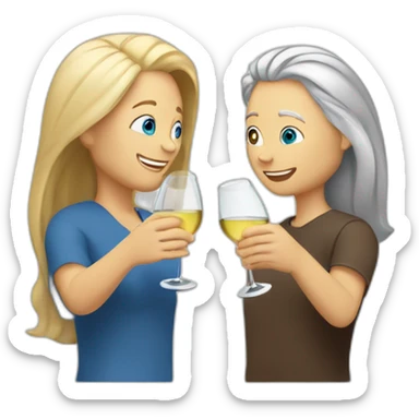 A white woman with blue eyes and blond medium long hair and a white man with brown eyes and grey hair, they toast to each other with a glass of white wine. sticker