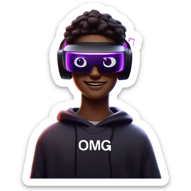 Happy student wearing a black hoodie with "OMG" letters on it and VR headset oculus quest 2 in a cyberpunk VR environment with violet neon lighting. sticker
