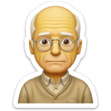 A 3D cartoon close-up of Grandpa Abe Simpson, yellow skin, bald head with side tufts of white hair, glasses, wrinkled face, beige shirt with collar, soft yellow lighting, cinematic Memoji-style portrait consistent with other Simpsons family members, yellow dress. sticker