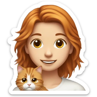 happy girl with brown eyes and ginger hair holding a Siberian fluffy cat sticker