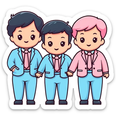 triplet toddlers with two girls in pastel pink clothes on each side and a boy in pastel blue suit in the middle sticker