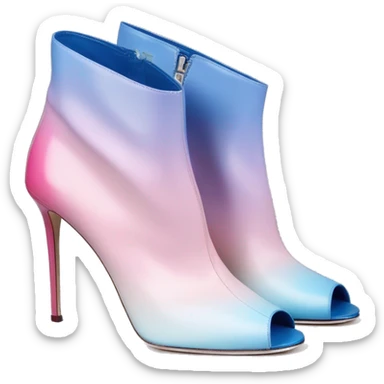 Realistic isolated top view of a pair of bubblegum pink,periwinkle off white,,pastel pink and pastel light blue ombre Jimmy Choo stiletto peep toe ankle boots. sticker