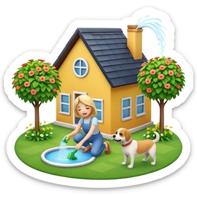 Make a 3D emoji Illustration of A house and there is a woman watering her plants while a dog is playing around on the grass sticker