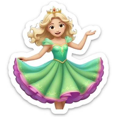 Cinematic Playful Aurora Portrait Emoji, Spinning in her dress, arms gracefully extended, eyes filled with laughter, exuding joy and charm, a princess dancing through her dreams! sticker
