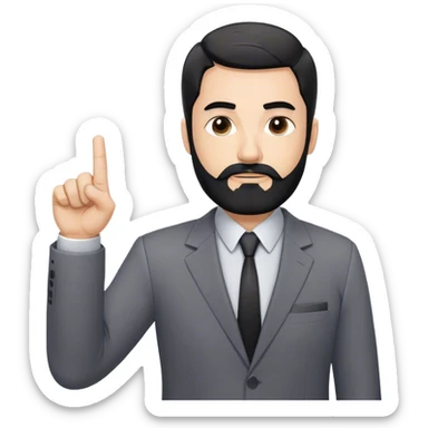Emoji-style cartoon man, 50s, black beard with gray streaks, wearing a business suit. Raises right index finger upward (↑) to signal 'attention!' Simple design, bold lines, minimal details sticker