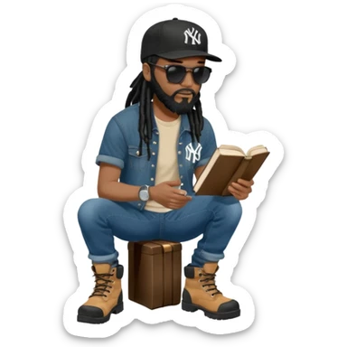African American man with shoulder length black dreadlocks with black beard wearing black sunglasses with a black New York Yankees logo baseball cap wearing denim skinny jeans and Timberland boots reading a Bible sticker