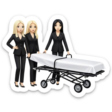 Two woman with long hair. One has black hair and one is blond. They have black pants suits on. And they are pushing a funeral stretcher in to a black Mercedes Vito funeral car. On the stretcher is a body covered in white sheets sticker