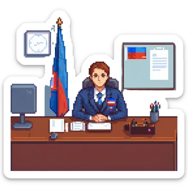 Russian Ministry of Finance employee dealing with sanctions, detailed, professional attire, serious expression, office setting, Russian flag elements subtly included, blue color scheme sticker