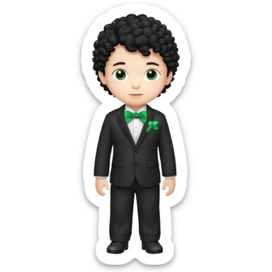 baby boy curly black hair in suit, with green bow sticker