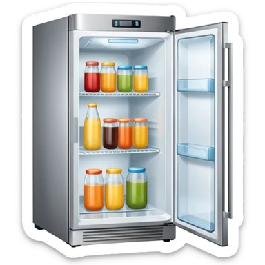 A refrigerator with a transparent front glass divided into three compartments, empty and unoccupied. The refrigerator faces forward. sticker
