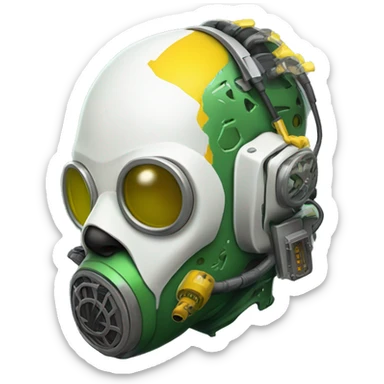Green skin cyborg head with dark yellow Mohawk, white respirator mask and circuitry sticker