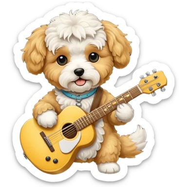 Maltipoo Golden Dog with a guitar sticker