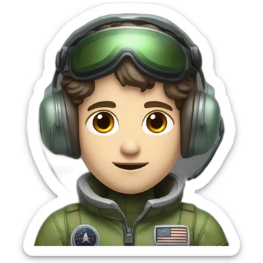 A young white male tennager with a thin face with dark brown hair and brown eyes in a pilot suit and wearing a green Pilot headset sticker