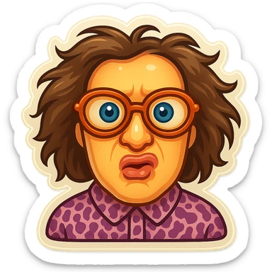 Create an emoji based on this person's appearance, focusing on the wild hair, glasses, and patterned shirt. Use a fun, expressive style suitable for emoji, in a retro stickers style. sticker