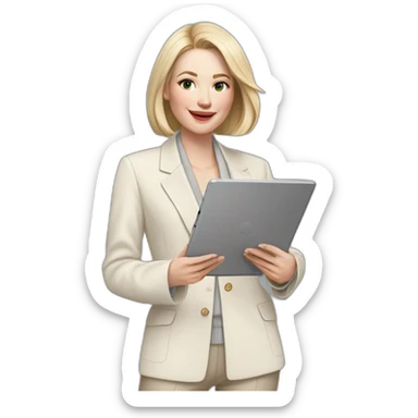 pale skin woman with ash blonde Straightened bob Hair, White Spacious classical jacket, beige palazzo Arrow pants and gray blouse holding a IPad Pro 12.9” in the hands sticker