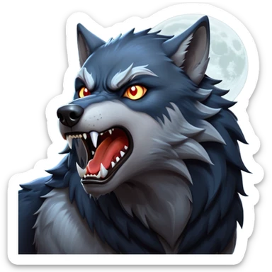 cinematic-noble-fierce-werewolf-howling-portrait-emoji, poised-and-imposing, with a fierce wolfish face tilted upwards in a haunting howl, glowing eyes full of primal ferocity, sharp, and a rugged snout, fur rippling in shades of midnight black and silver, muscles tensed as the powerful howl echoes beneath the moonlit sky; rendered with realism, capturing the raw, untamed power of the beast in its wild, primal state sticker